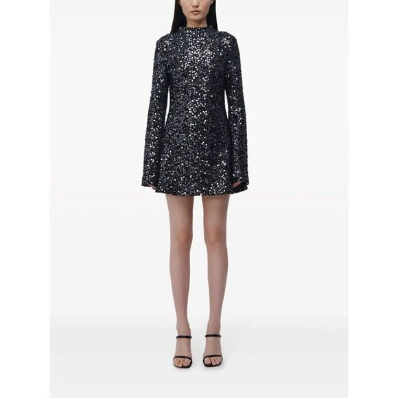 NEW Simkhai Safia Sequin Mini Dress Size 8 Black Long Sleeve Mock Neck Cocktail - Picture 2 of 12